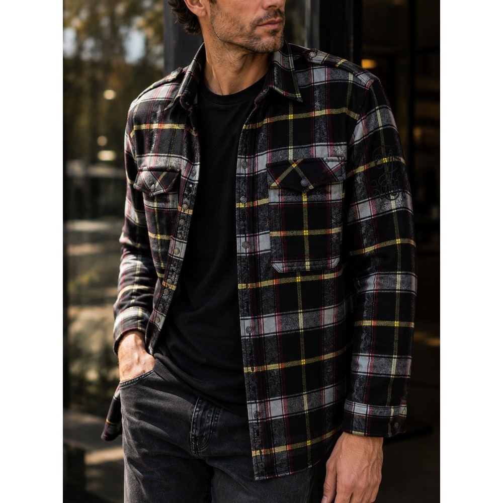7 Diamonds Plaid Snap‎ Shirt Men L Black Gray Red Stretch Western